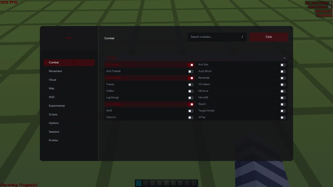 HWH Client Combat ClickGUI open over Minecraft 1.8.9 gameplay